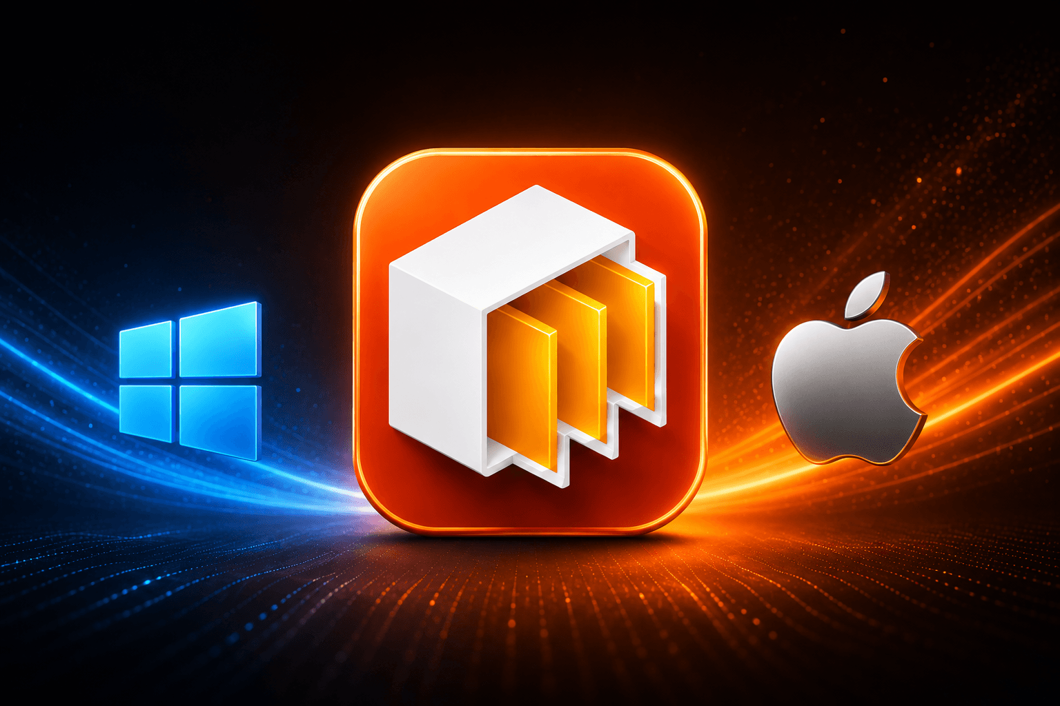 The VaultSort app icon between the Windows and Apple logos
