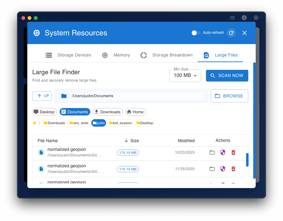 Large file finder: Identify and manage large files to optimize your storage.