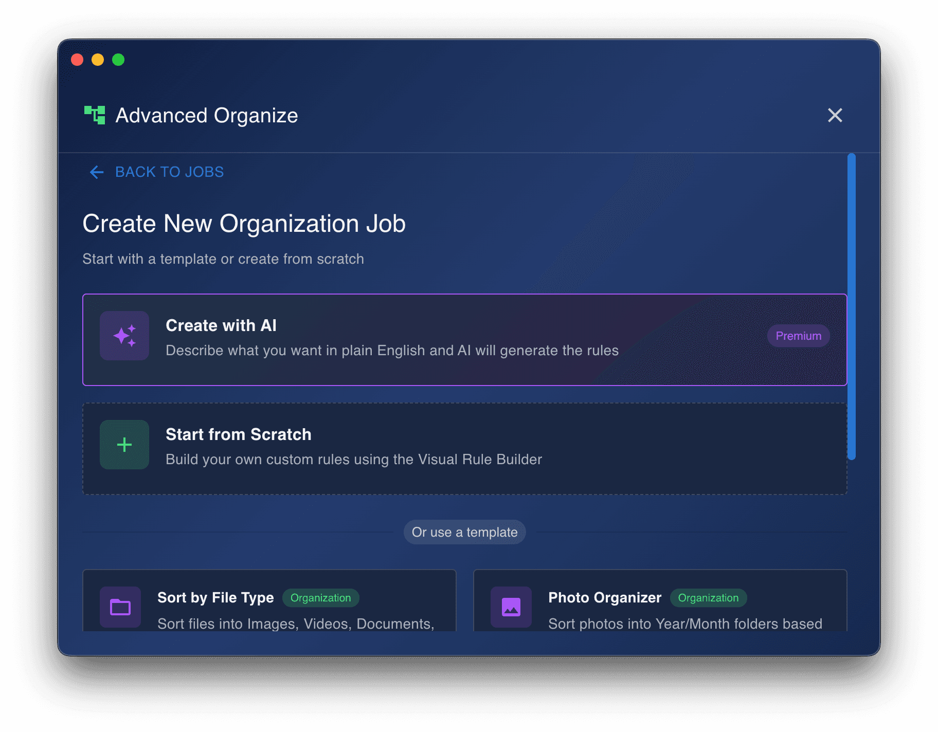 Create with AI: Type a single sentence and let AI build your organization rules β powered by OpenAI, Anthropic, or Google Gemini.