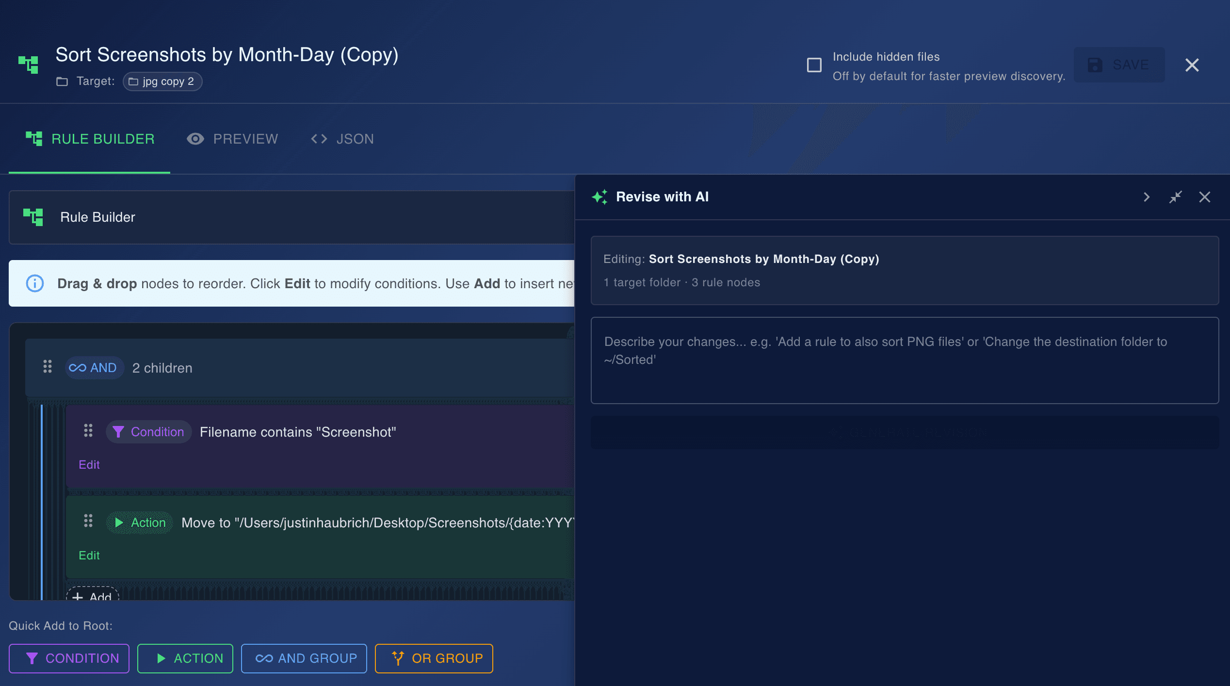 Revise With AI panel inside VaultSort showing proposed changes to an existing rule tree