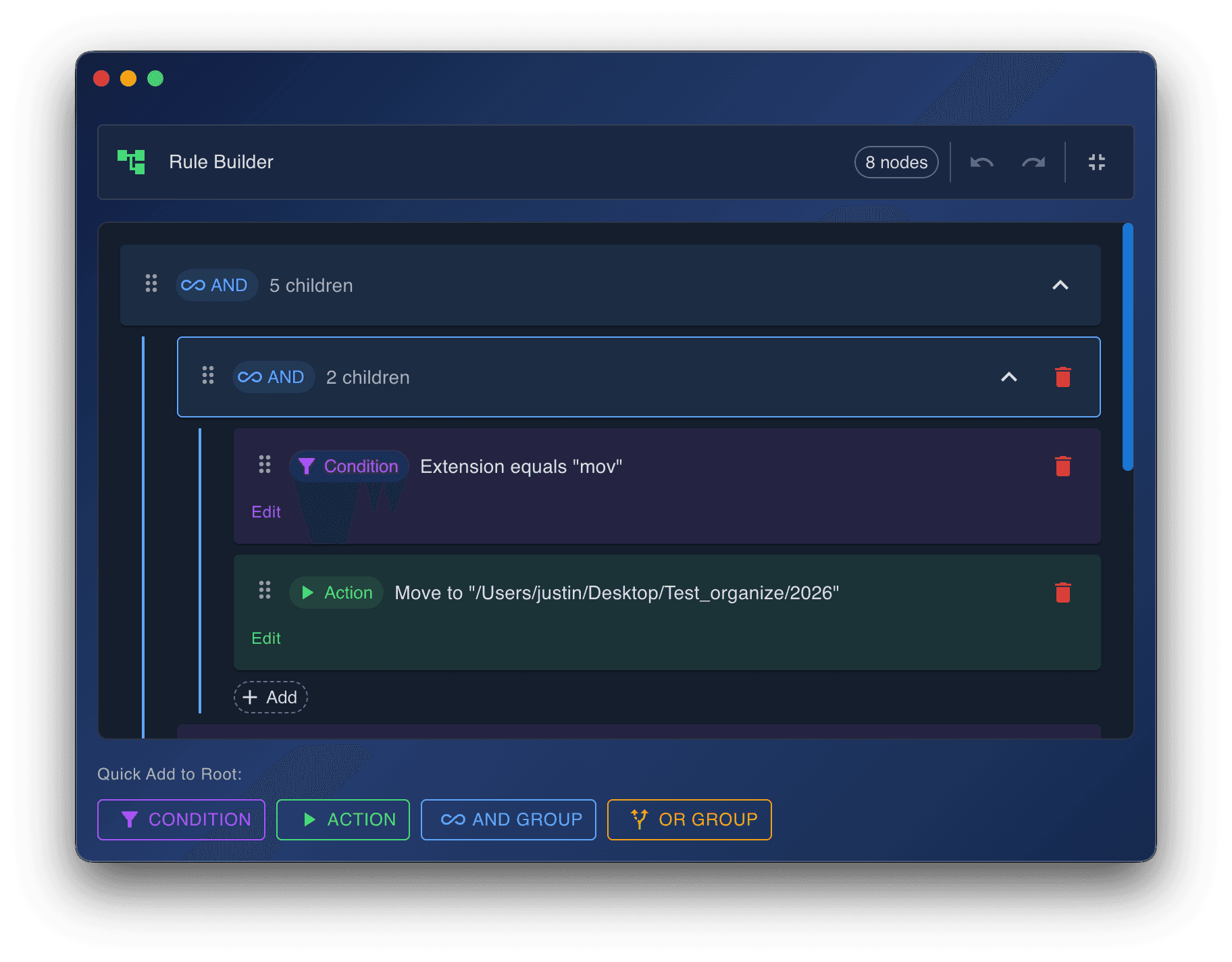 Visual rule builder: Create powerful file organization rules with a drag-and-drop decision graph using full AND/OR/NOT boolean logic.