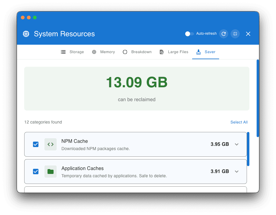 Space Saver: Scan for reclaimable caches, temp files, and logs with per-app detail and category control.